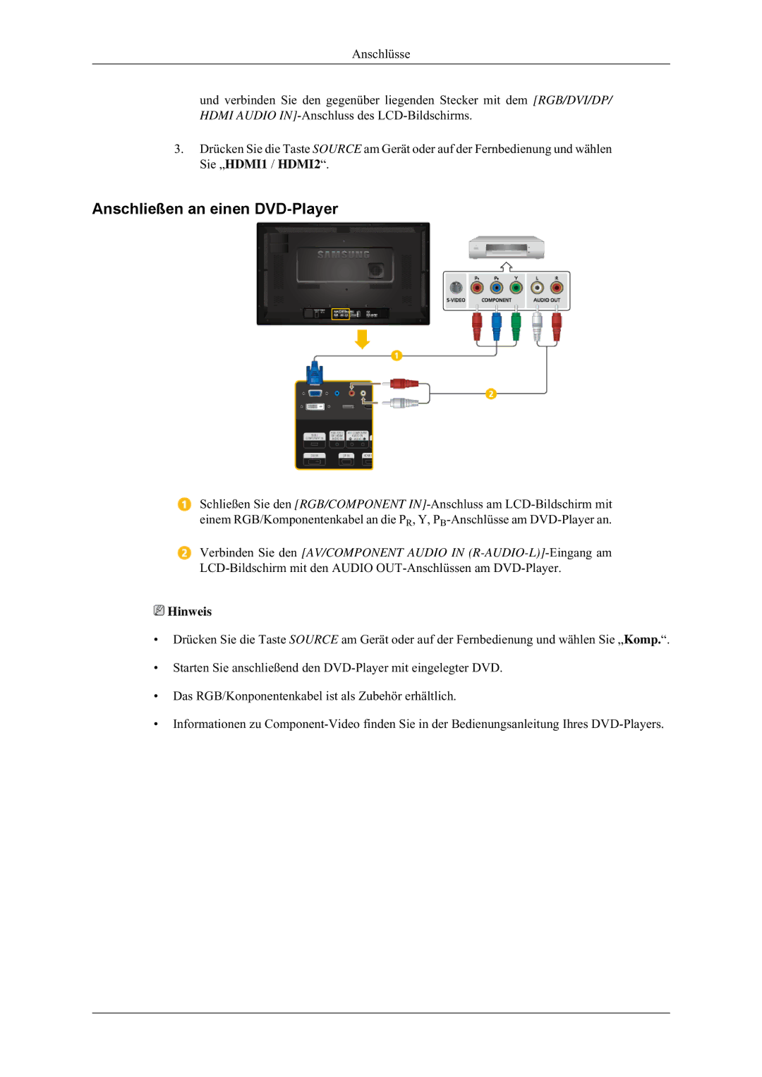 Samsung LH32MGULBC/EN, LH32HBTLBC/EN, LH32HBPLBC/EN, LH32HBSLBC/EN manual Anschließen an einen DVD-Player 