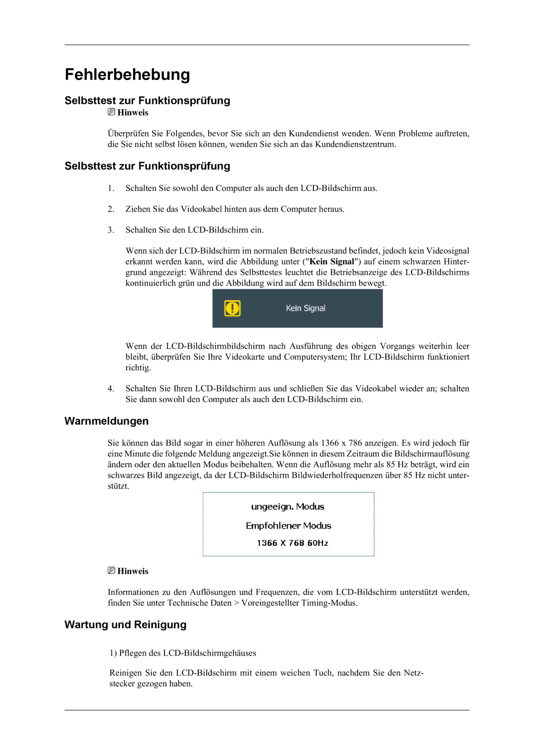 Samsung LH32MGULBC/EN, LH32HBTLBC/EN, LH32HBPLBC/EN Selbsttest zur Funktionsprüfung, Warnmeldungen, Wartung und Reinigung 