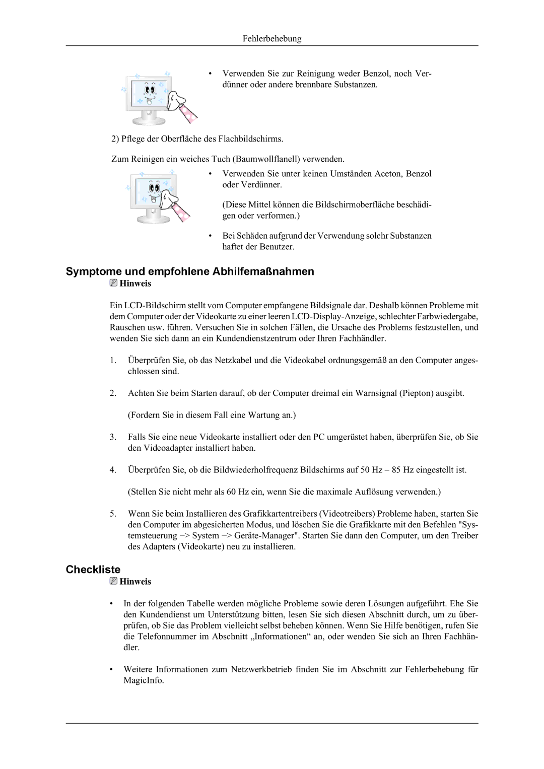 Samsung LH32HBSLBC/EN, LH32HBTLBC/EN, LH32HBPLBC/EN, LH32MGULBC/EN manual Symptome und empfohlene Abhilfemaßnahmen, Checkliste 