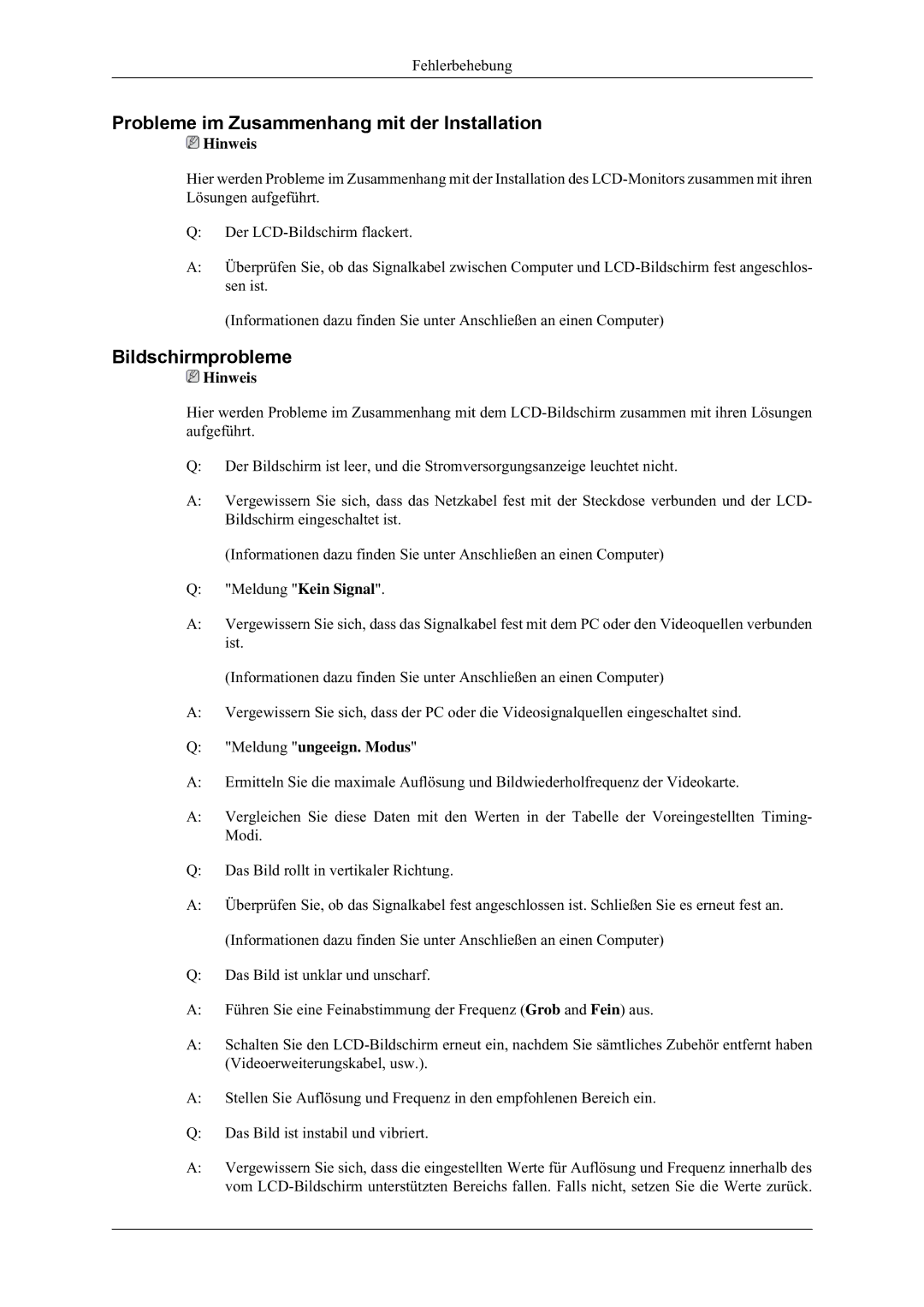 Samsung LH32HBTLBC/EN, LH32HBPLBC/EN, LH32MGULBC/EN manual Probleme im Zusammenhang mit der Installation, Bildschirmprobleme 