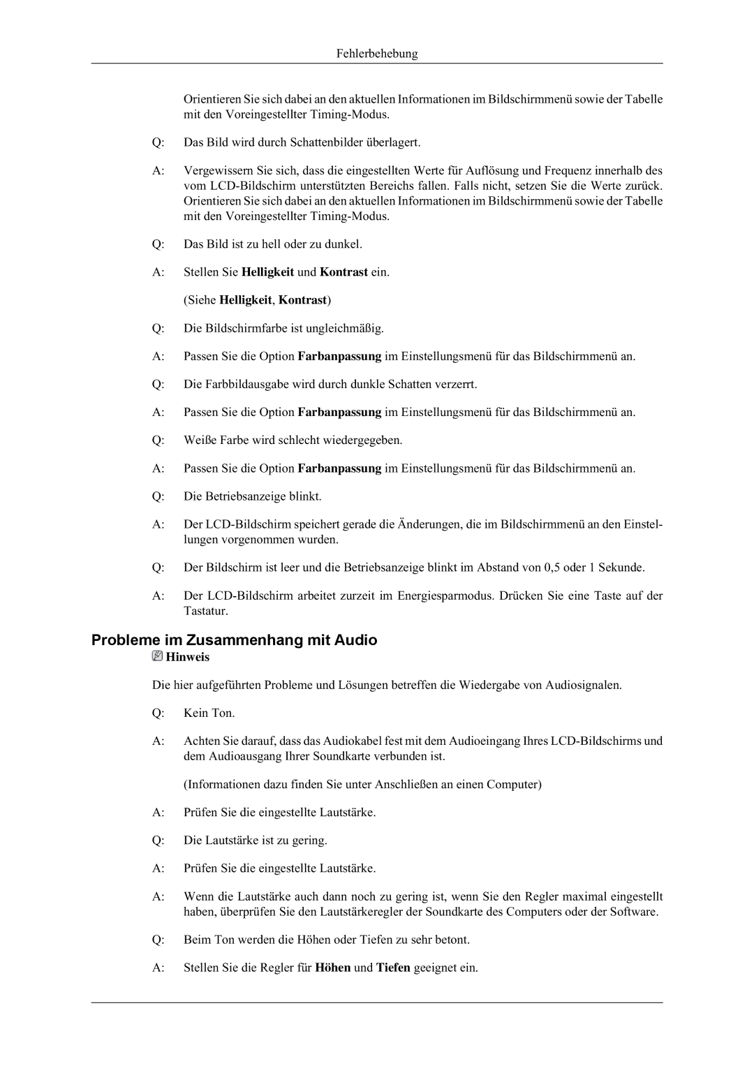 Samsung LH32HBPLBC/EN, LH32HBTLBC/EN, LH32MGULBC/EN, LH32HBSLBC/EN manual Probleme im Zusammenhang mit Audio 