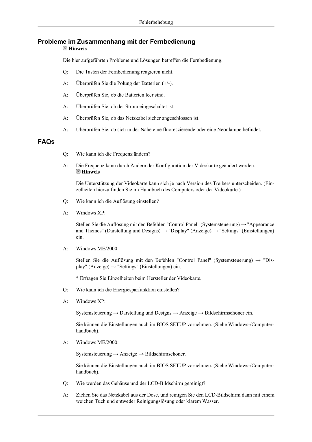 Samsung LH32MGULBC/EN, LH32HBTLBC/EN, LH32HBPLBC/EN, LH32HBSLBC/EN manual Probleme im Zusammenhang mit der Fernbedienung, FAQs 