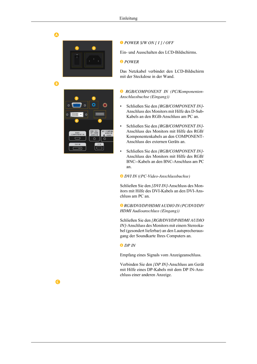 Samsung LH32MGULBC/EN, LH32HBTLBC/EN, LH32HBPLBC/EN manual Power, RGB/COMPONENT in PC/Komponenten- Anschlussbuchse Eingang 