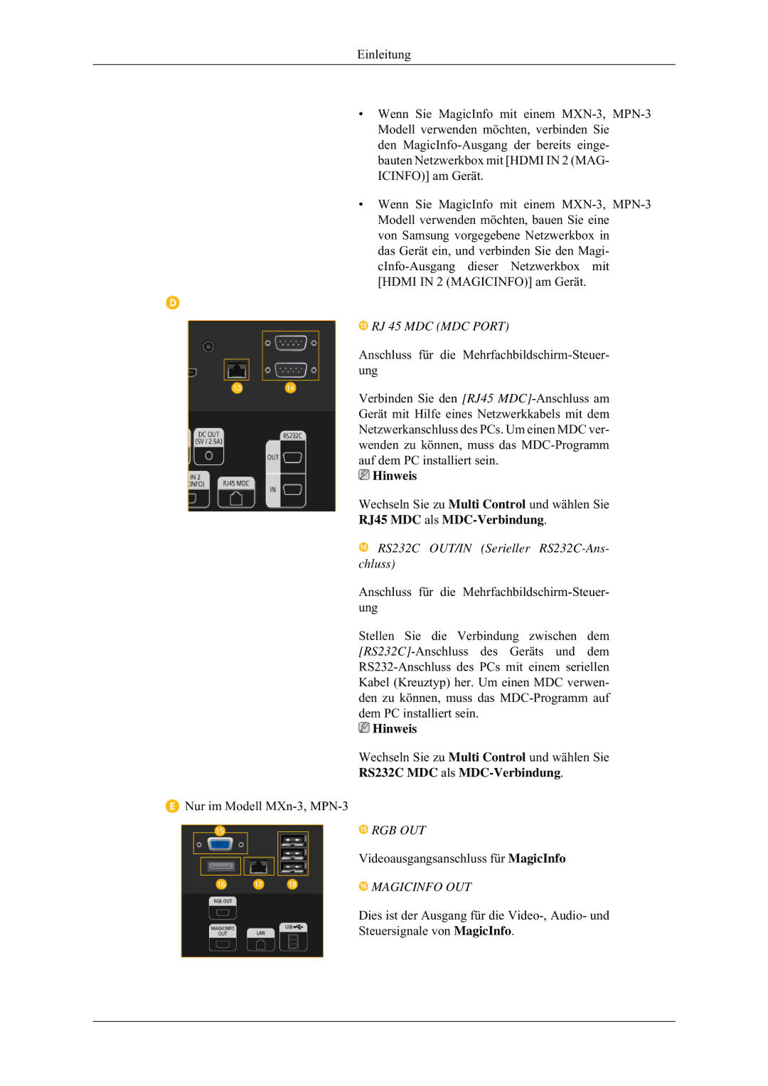 Samsung LH32HBTLBC/EN, LH32HBPLBC/EN, LH32MGULBC/EN, LH32HBSLBC/EN manual RJ 45 MDC MDC Port, Rgb Out, Magicinfo OUT 