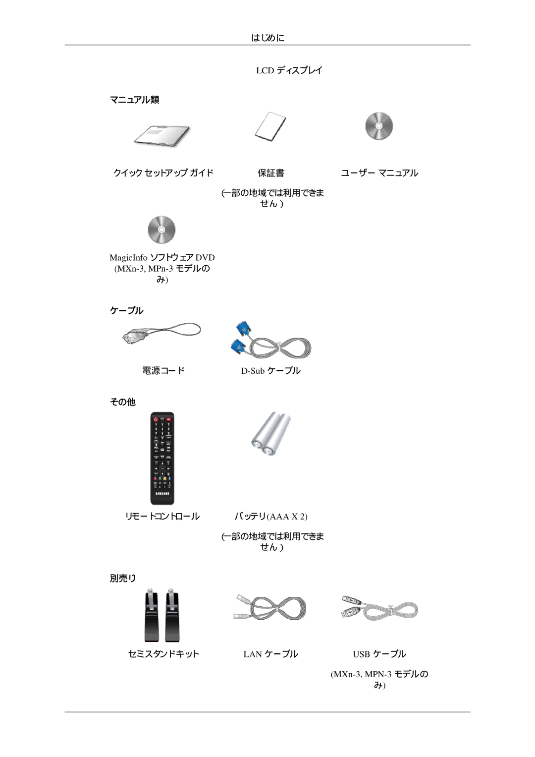 Samsung LH32HBPLBC/XJ, LH32HBTLBC/XJ, LH32HBTPBC/XJ, LH32HBSPBC/XJ Sub ケーブル, バッテリ Aaa X, LAN ケーブル USB ケーブル MXn-3, MPN-3 モデルの 