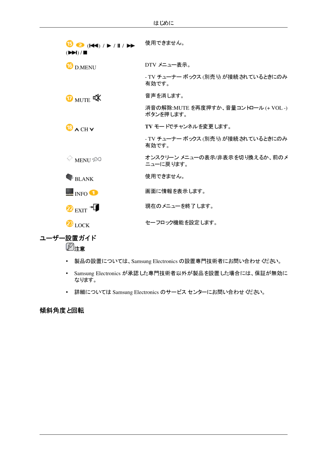 Samsung LH32HBSPBC/XJ, LH32HBTLBC/XJ, LH32HBTPBC/XJ, LH32HBPLBC/XJ manual ユーザー設置ガイド, 傾斜角度と回転 