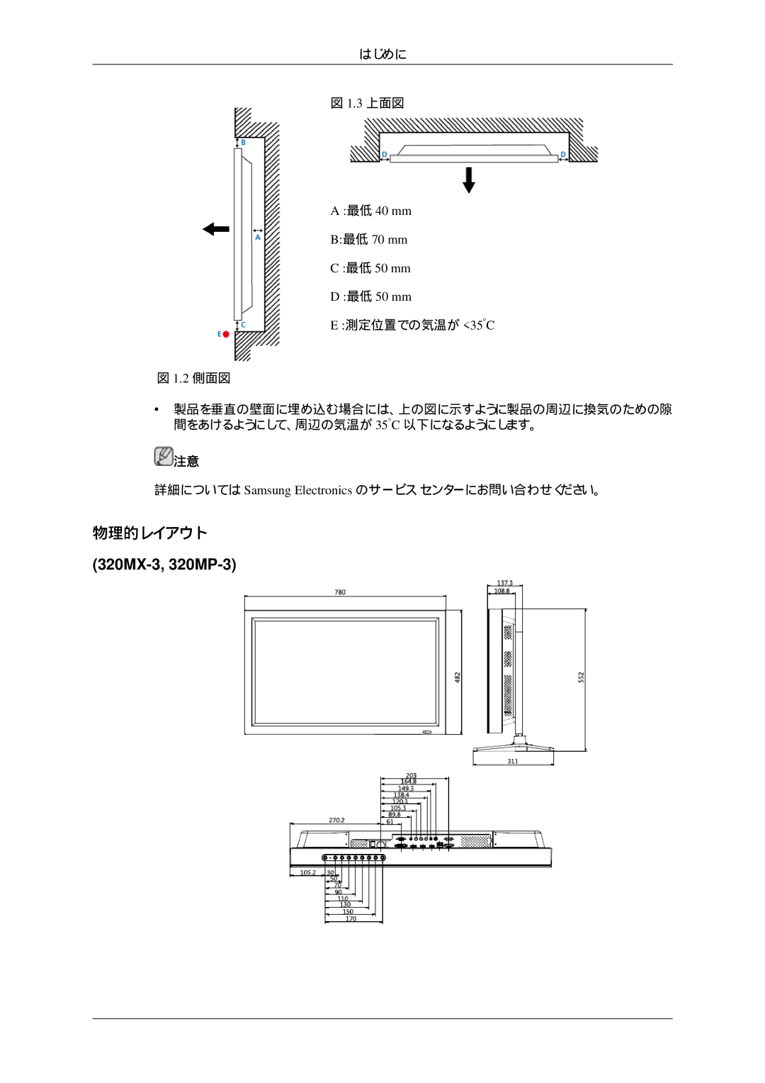 Samsung LH32HBTPBC/XJ, LH32HBTLBC/XJ, LH32HBPLBC/XJ, LH32HBSPBC/XJ manual 物理的レイアウト, 最低 40 mm B最低 70 mm 最低 50 mm 