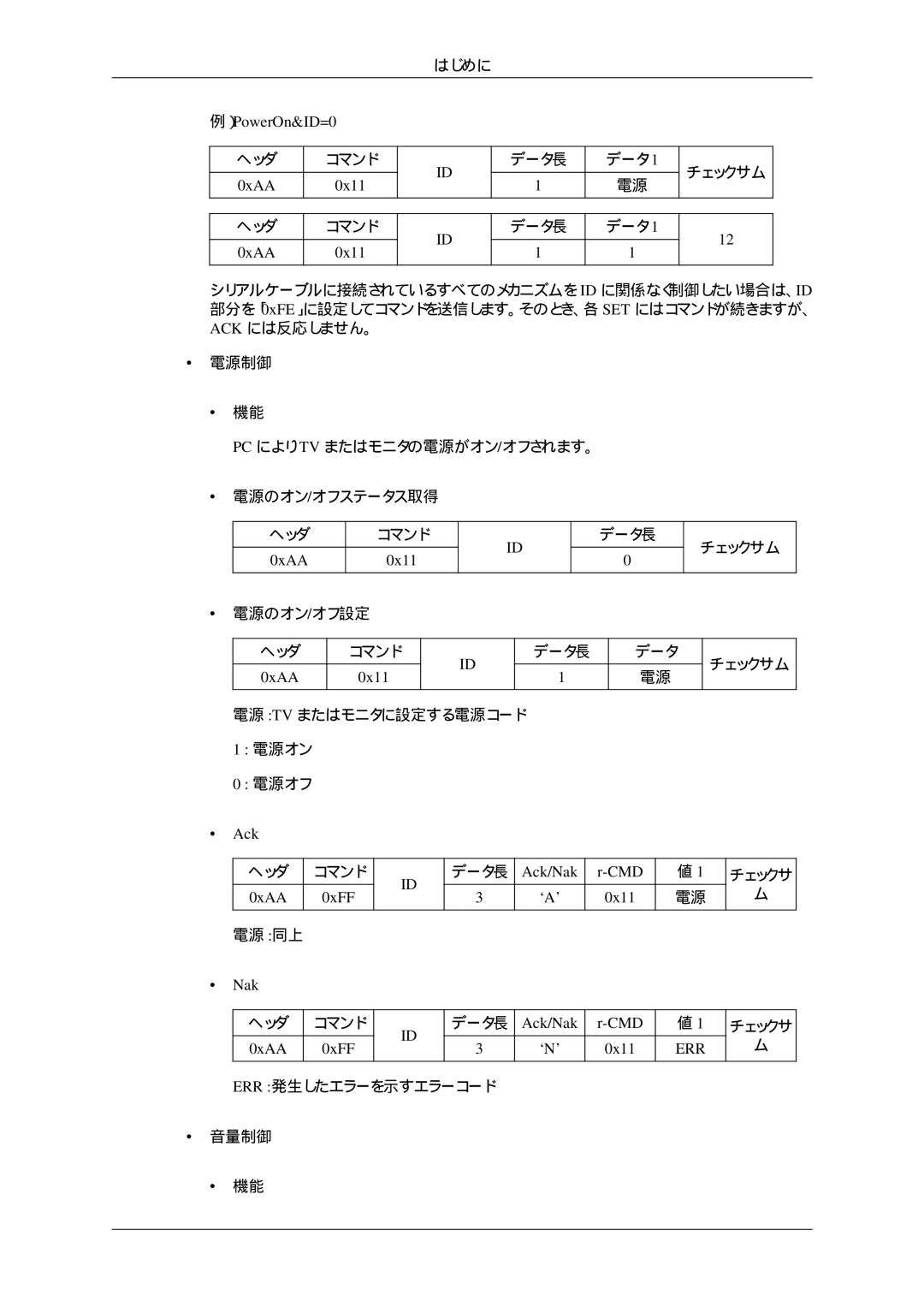 Samsung LH32HBTLBC/XJ, LH32HBTPBC/XJ ）PowerOn&ID=0, 電源オン 電源オフ Ack, Ack/Nak CMD, 0xAA 0xFF ‘A’ 0x11, 0xAA 0xFF ‘N’ 0x11 