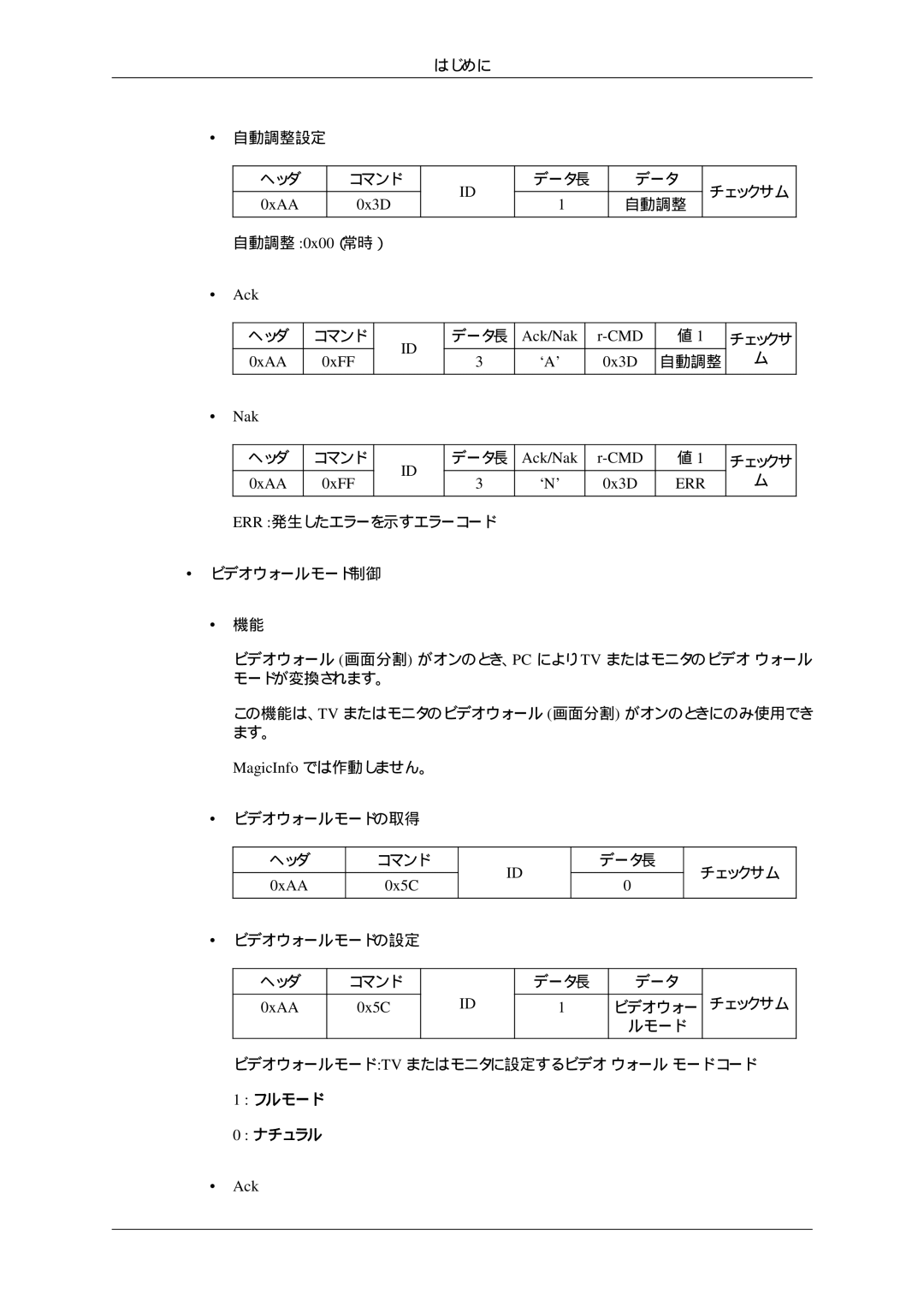 Samsung LH32HBTPBC/XJ, LH32HBTLBC/XJ, LH32HBPLBC/XJ manual 0xAA 0xFF ‘A’ 0x3D, Ack/Nak ‘N’ CMD 0x3D, MagicInfo では作動しません。 