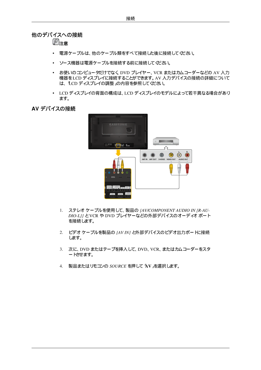 Samsung LH32HBPLBC/XJ, LH32HBTLBC/XJ, LH32HBTPBC/XJ, LH32HBSPBC/XJ manual 他のデバイスへの接続, Av デバイスの接続 