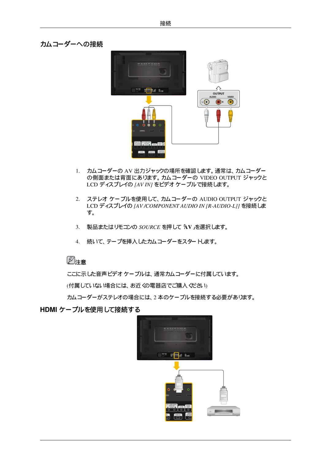 Samsung LH32HBSPBC/XJ, LH32HBTLBC/XJ, LH32HBTPBC/XJ, LH32HBPLBC/XJ manual カムコーダーへの接続, Hdmi ケーブルを使用して接続する 