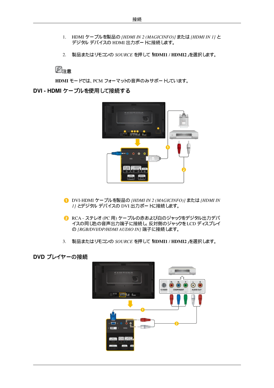 Samsung LH32HBTLBC/XJ, LH32HBTPBC/XJ, LH32HBPLBC/XJ, LH32HBSPBC/XJ manual DVI Hdmi ケーブルを使用して接続する, Dvd プレイヤーの接続 