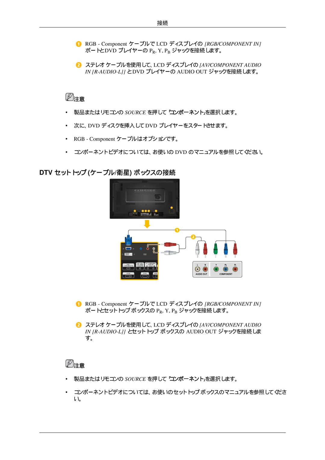 Samsung LH32HBTPBC/XJ, LH32HBTLBC/XJ, LH32HBPLBC/XJ, LH32HBSPBC/XJ Dtv セット トップ ケーブル/衛星 ボックスの接続, RGB Component ケーブルはオプションです。 