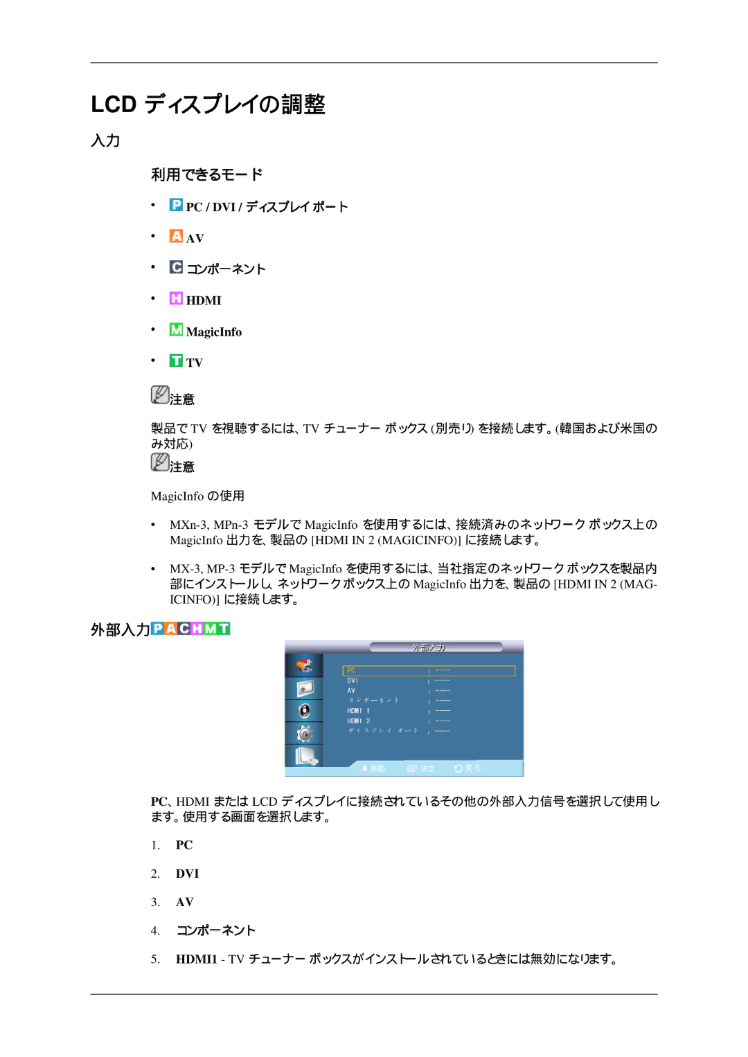 Samsung LH32HBTPBC/XJ, LH32HBTLBC/XJ, LH32HBPLBC/XJ manual 利用できるモード, 外部入力, MagicInfo 出力を、製品の Hdmi in 2 Magicinfo に接続します。 