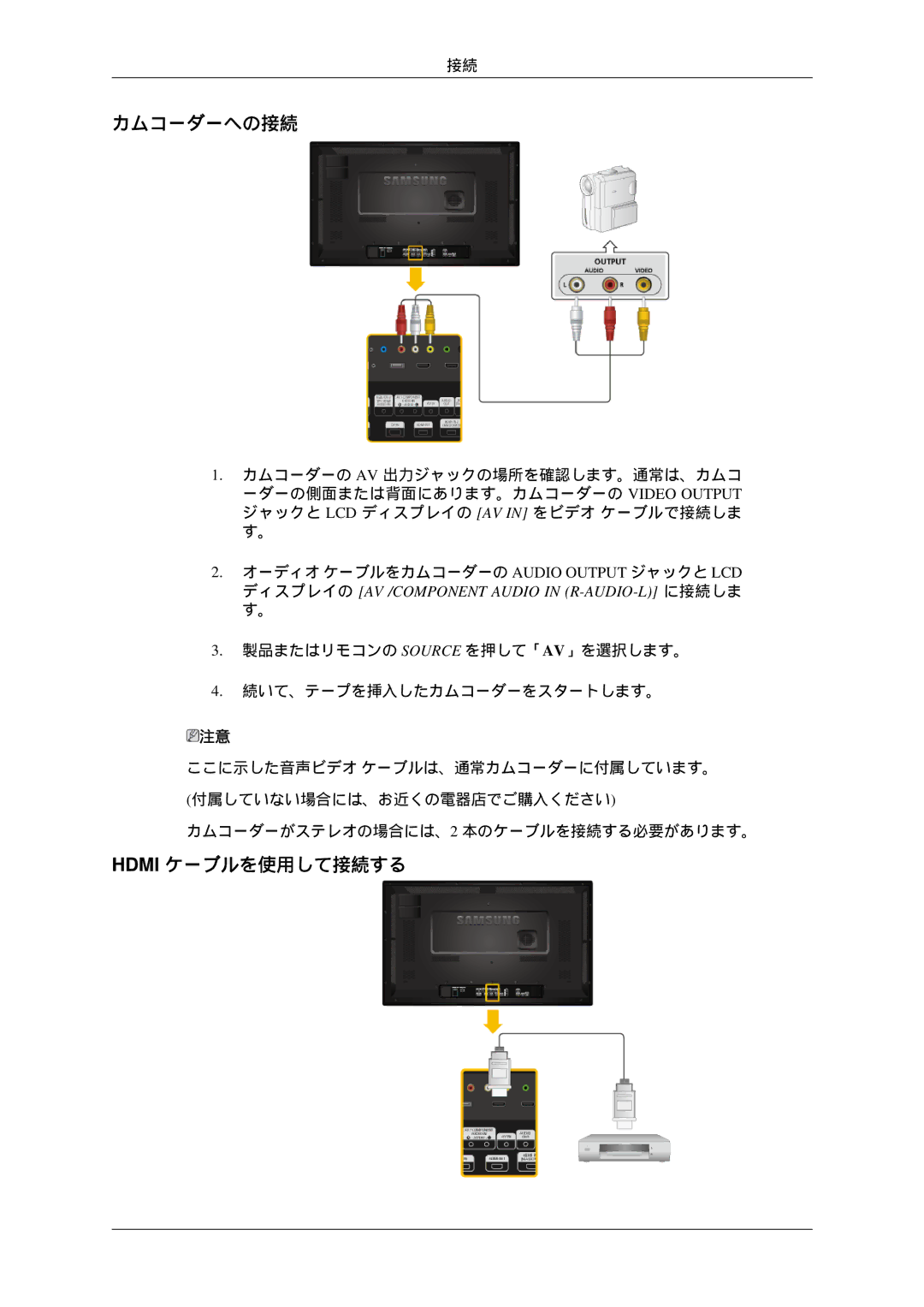 Samsung LH32HBSPBC/XJ, LH32HBTLBC/XJ, LH32HBTPBC/XJ, LH32HBPLBC/XJ manual カムコーダーへの接続, Hdmi ケーブルを使用して接続する 