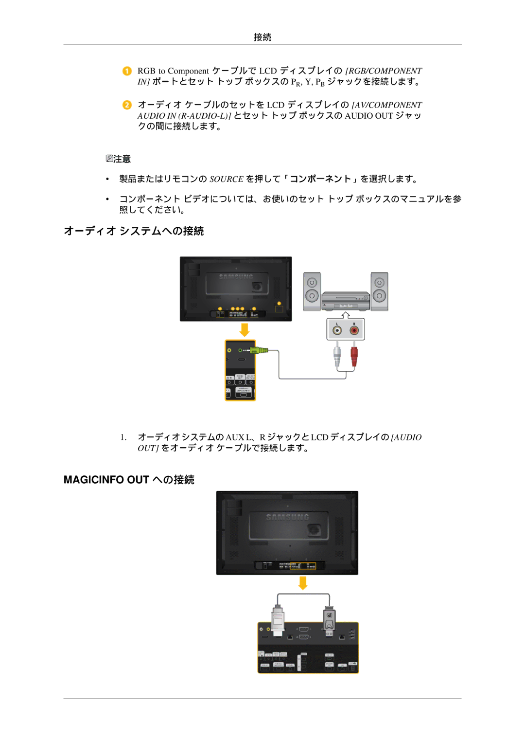 Samsung LH32HBPLBC/XJ, LH32HBTLBC/XJ, LH32HBTPBC/XJ, LH32HBSPBC/XJ manual オーディオ システムへの接続, Magicinfo OUT への接続 