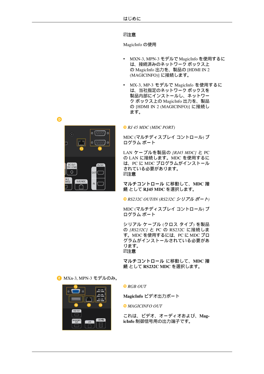 Samsung LH32HBTLBC/XJ, LH32HBTPBC/XJ manual RJ 45 MDC MDC Port, RS232C OUT/IN RS232C シリアル ポート, Rgb Out, Magicinfo OUT 