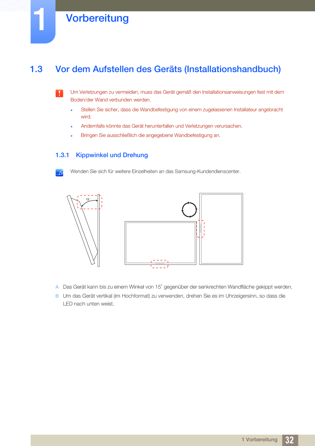 Samsung LH40HDBPLGD/EN, LH32HDBPLGD/EN manual Vor dem Aufstellen des Geräts Installationshandbuch, Kippwinkel und Drehung 