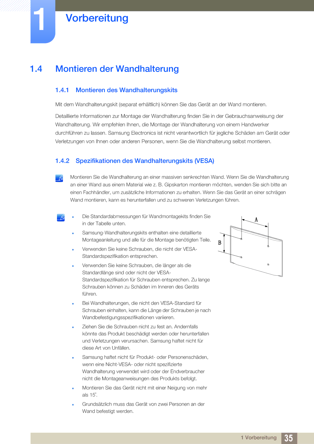 Samsung LH32HDBPLGD/EN, LH40HDBPLGD/EN manual Montieren der Wandhalterung, Montieren des Wandhalterungskits 