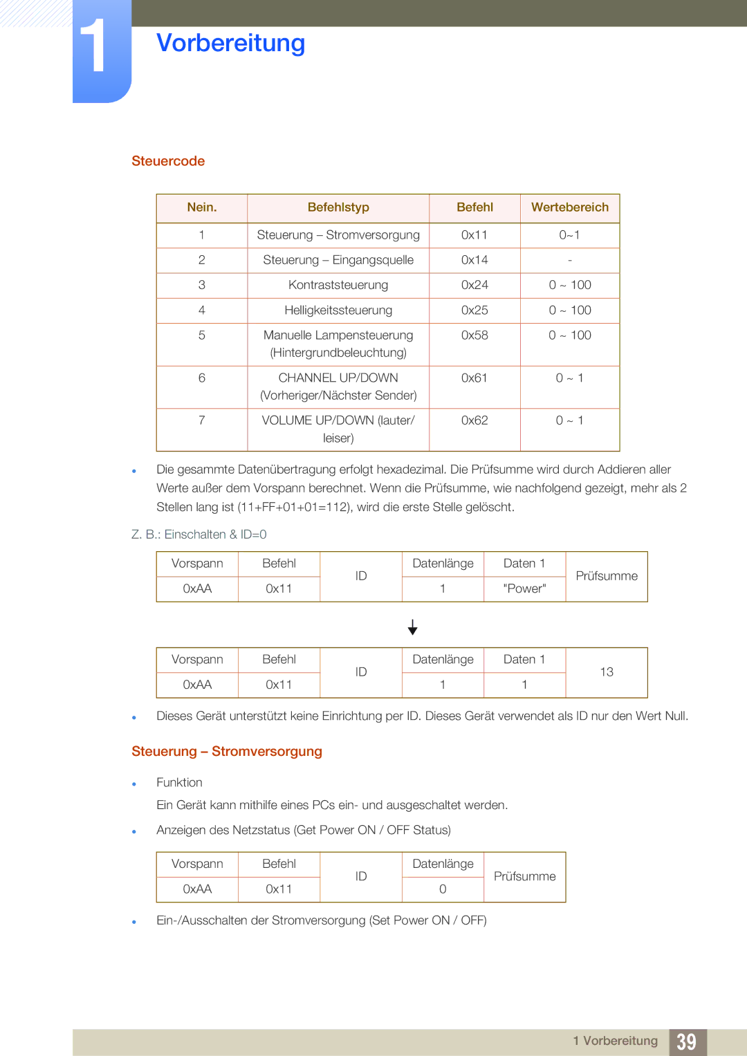 Samsung LH32HDBPLGD/EN, LH40HDBPLGD/EN manual Steuercode, Steuerung Stromversorgung, Nein Befehlstyp Wertebereich 