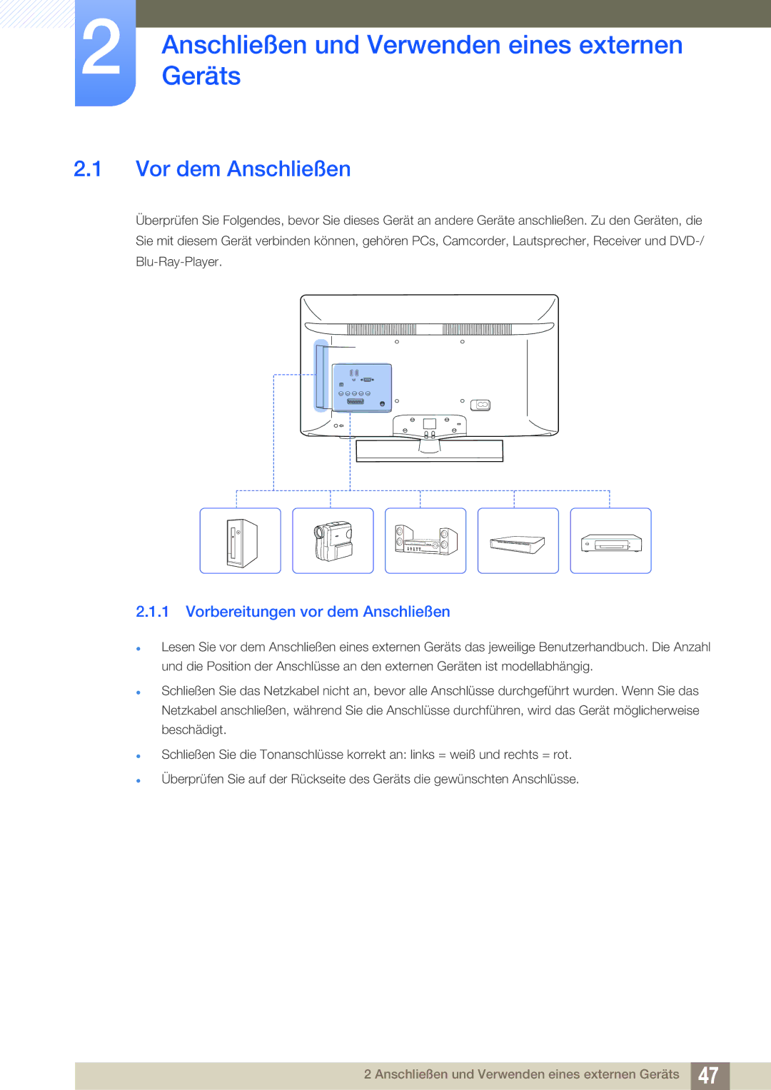 Samsung LH32HDBPLGD/EN, LH40HDBPLGD/EN manual AnschließenGeräts und Verwenden eines externen, Vor dem Anschließen 