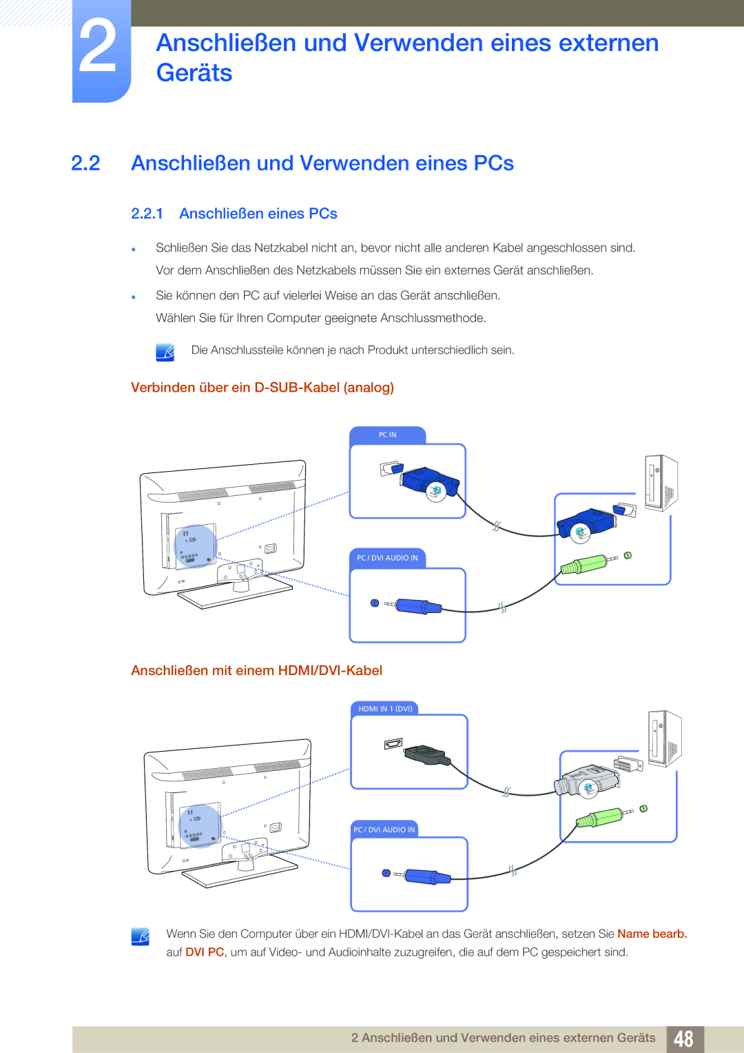 Samsung LH40HDBPLGD/EN Anschließen und Verwenden eines PCs, Anschließen eines PCs, Verbinden über ein D-SUB-Kabel analog 