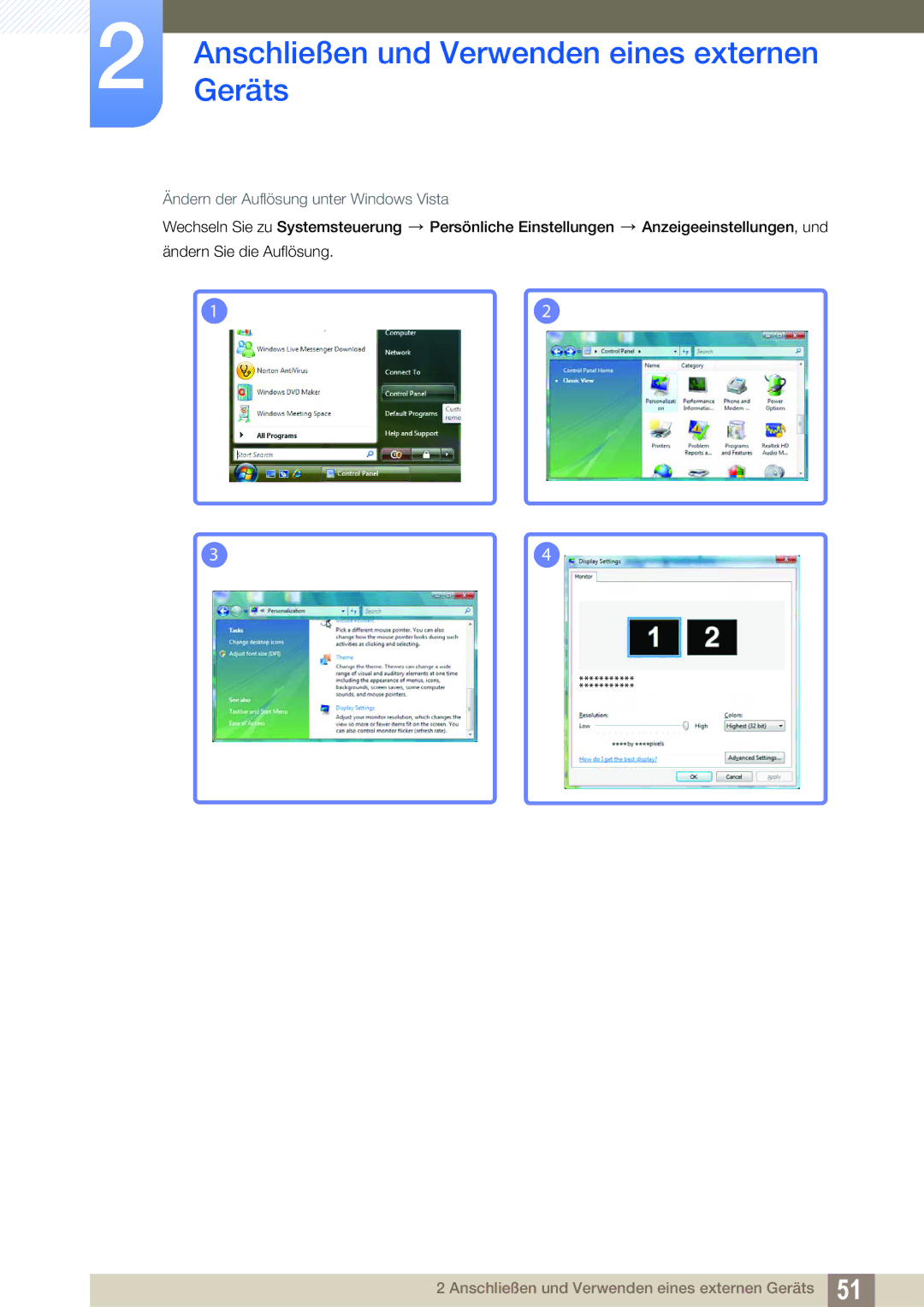 Samsung LH32HDBPLGD/EN, LH40HDBPLGD/EN manual Ändern der Auflösung unter Windows Vista 