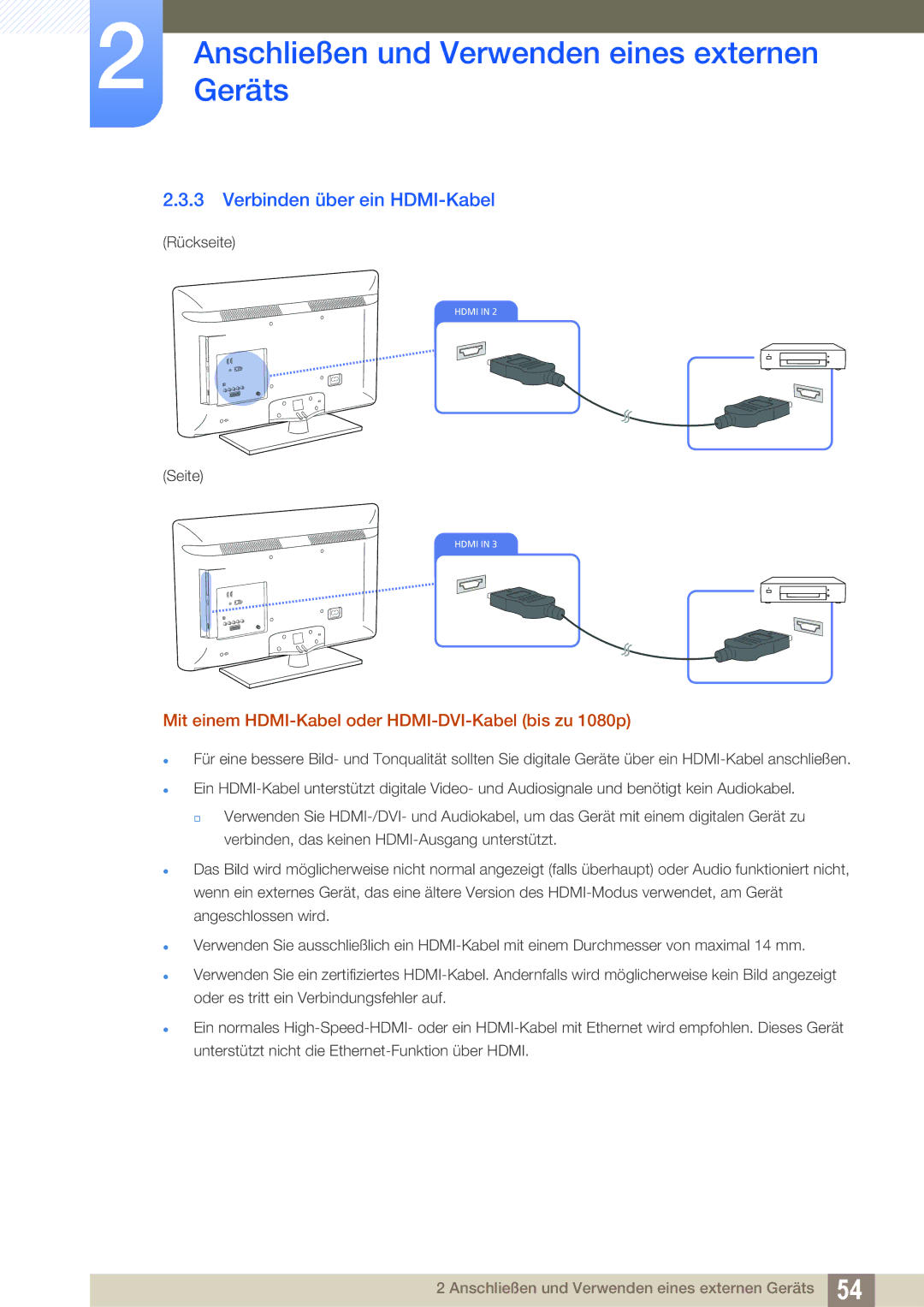 Samsung LH40HDBPLGD/EN manual Verbinden über ein HDMI-Kabel, Mit einem HDMI-Kabel oder HDMI-DVI-Kabel bis zu 1080p 