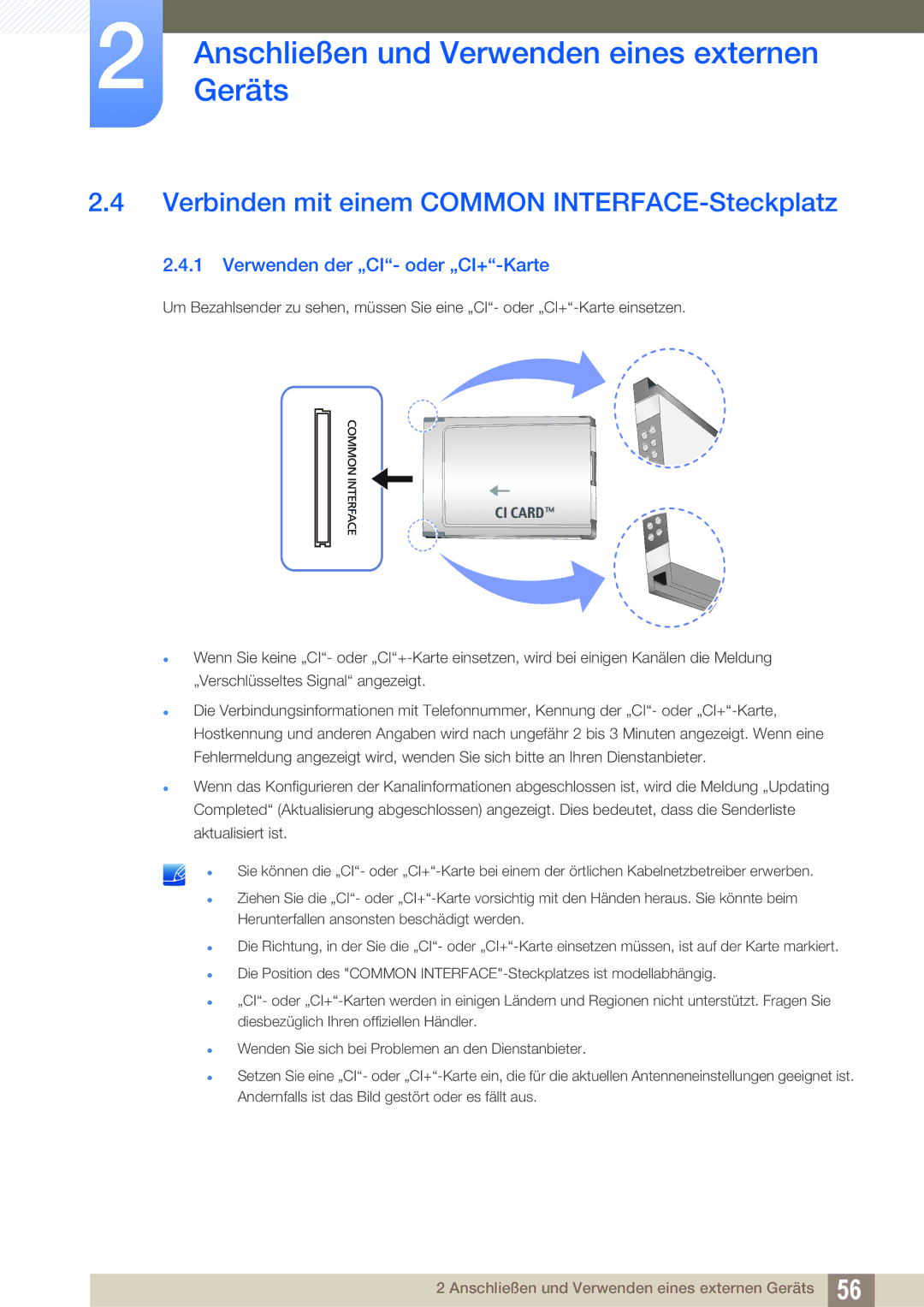 Samsung LH40HDBPLGD/EN, LH32HDBPLGD/EN Verbinden mit einem Common INTERFACE-Steckplatz, Verwenden der „CI- oder „CI+-Karte 