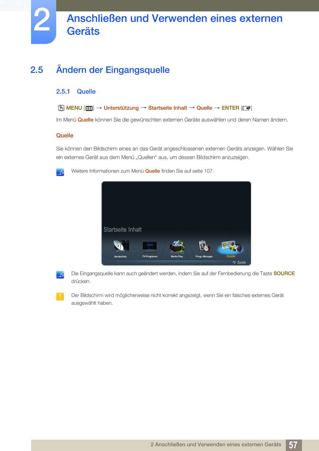 Samsung LH32HDBPLGD/EN, LH40HDBPLGD/EN Ändern der Eingangsquelle, Menu m Unterstützung Startseite Inhalt Quelle Enter 