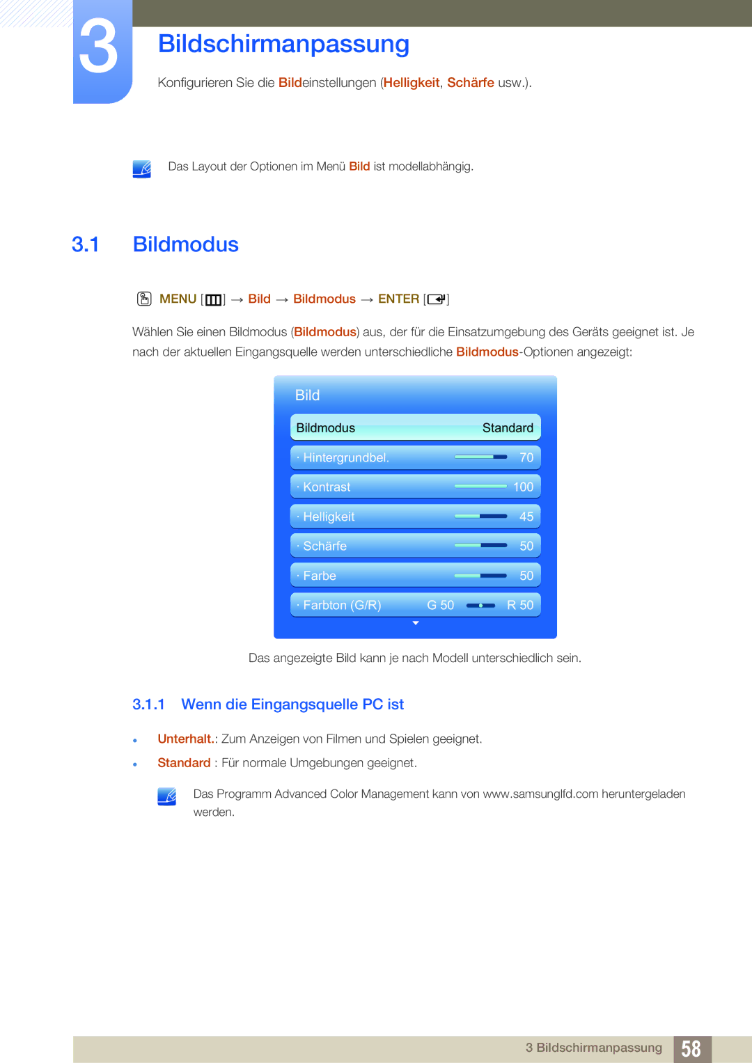 Samsung LH40HDBPLGD/EN manual Bildschirmanpassung, Wenn die Eingangsquelle PC ist, Menu m Bild Bildmodus Enter 