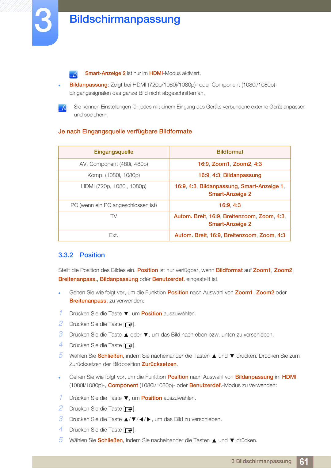 Samsung LH32HDBPLGD/EN, LH40HDBPLGD/EN manual Position, Je nach Eingangsquelle verfügbare Bildformate 