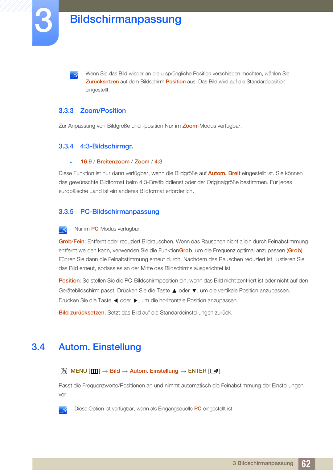 Samsung LH40HDBPLGD/EN, LH32HDBPLGD/EN manual Autom. Einstellung, Zoom/Position, 4 43-Bildschirmgr, PC-Bildschirmanpassung 