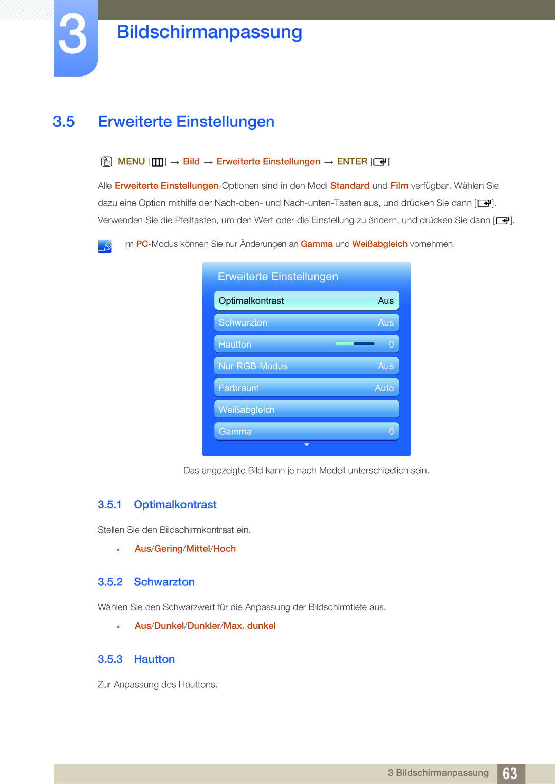 Samsung LH32HDBPLGD/EN, LH40HDBPLGD/EN manual Erweiterte Einstellungen, Optimalkontrast, Schwarzton, Hautton 