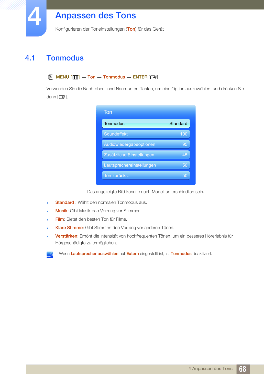 Samsung LH40HDBPLGD/EN, LH32HDBPLGD/EN manual Anpassen des Tons, Menu m Ton Tonmodus Enter 