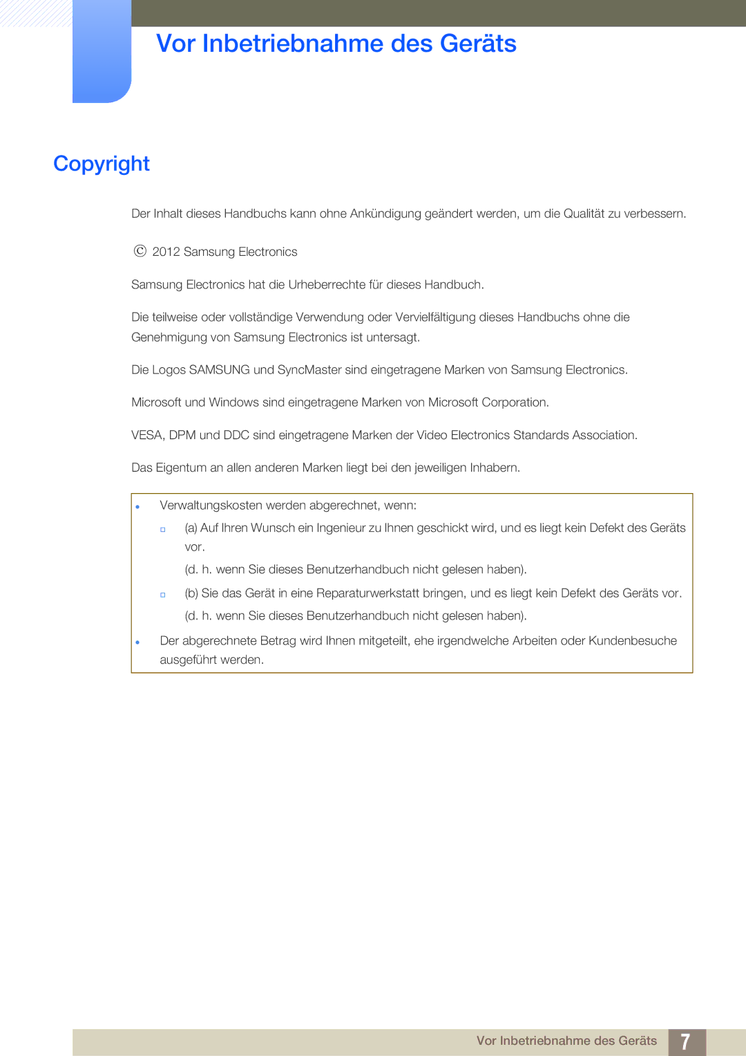 Samsung LH32HDBPLGD/EN, LH40HDBPLGD/EN manual Vor Inbetriebnahme des Geräts, Copyright 