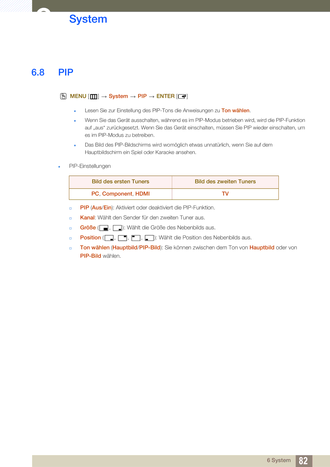 Samsung LH40HDBPLGD/EN Pip, Menu m System PIP Enter, Bild des ersten Tuners Bild des zweiten Tuners, PC, Component, Hdmi 