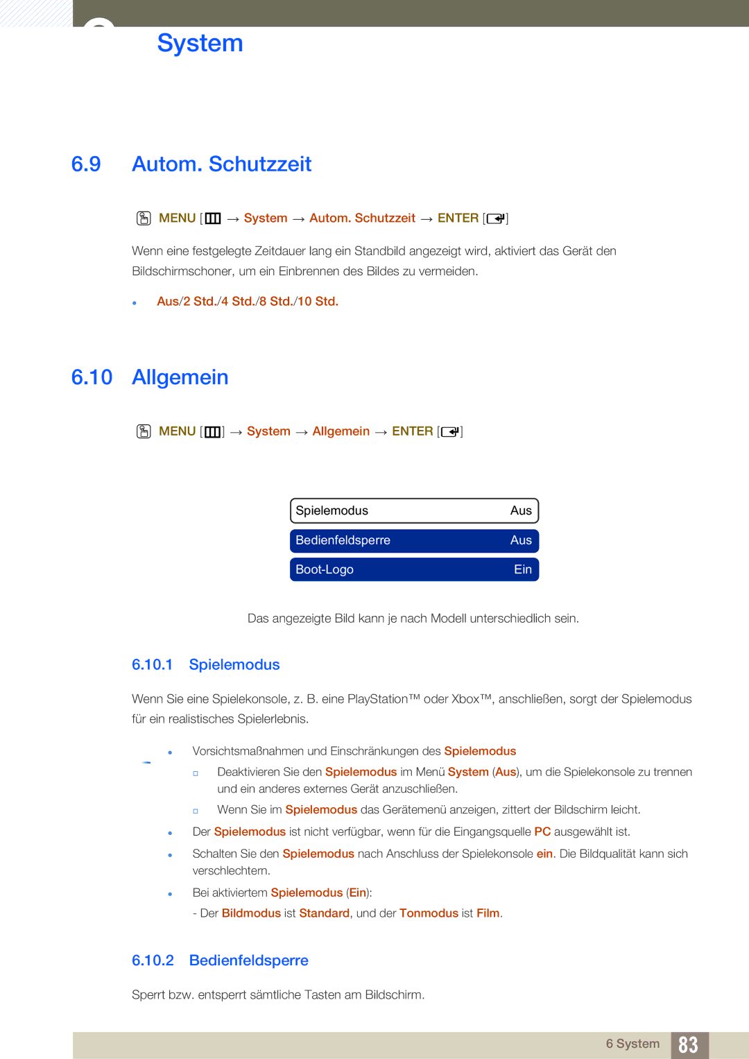 Samsung LH32HDBPLGD/EN, LH40HDBPLGD/EN manual Autom. Schutzzeit, Allgemein, Spielemodus, Bedienfeldsperre 