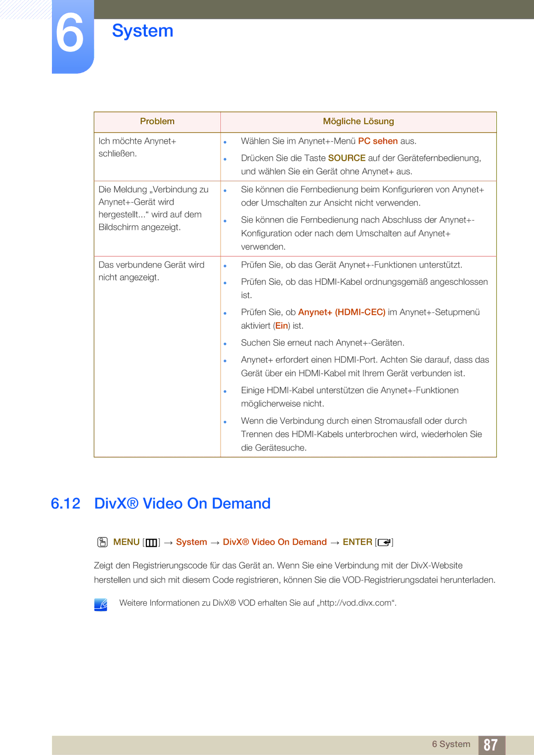 Samsung LH32HDBPLGD/EN, LH40HDBPLGD/EN manual Menu m System DivX Video On Demand Enter 