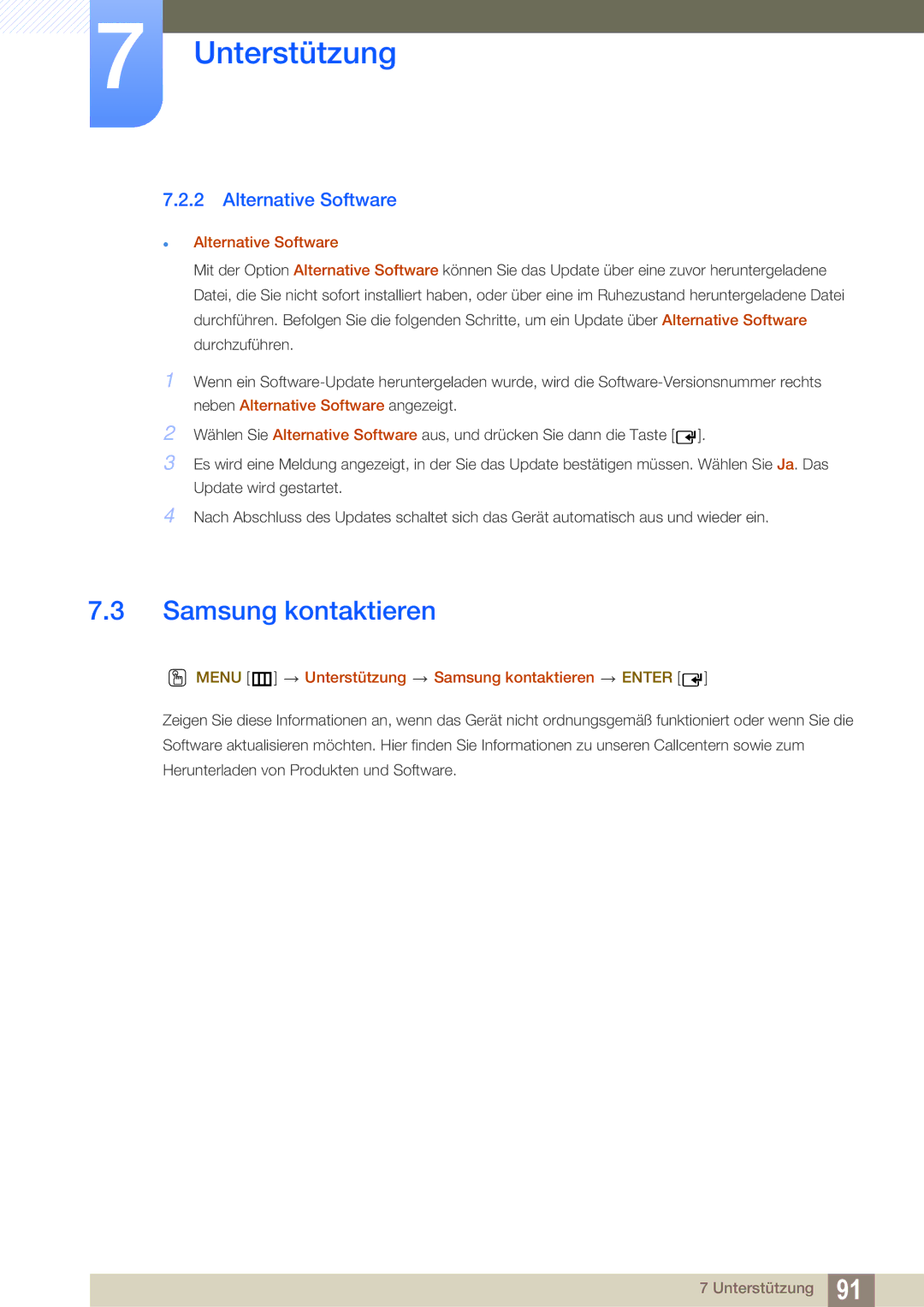 Samsung LH32HDBPLGD/EN, LH40HDBPLGD/EN manual Alternative Software, Menu m Unterstützung Samsung kontaktieren Enter 