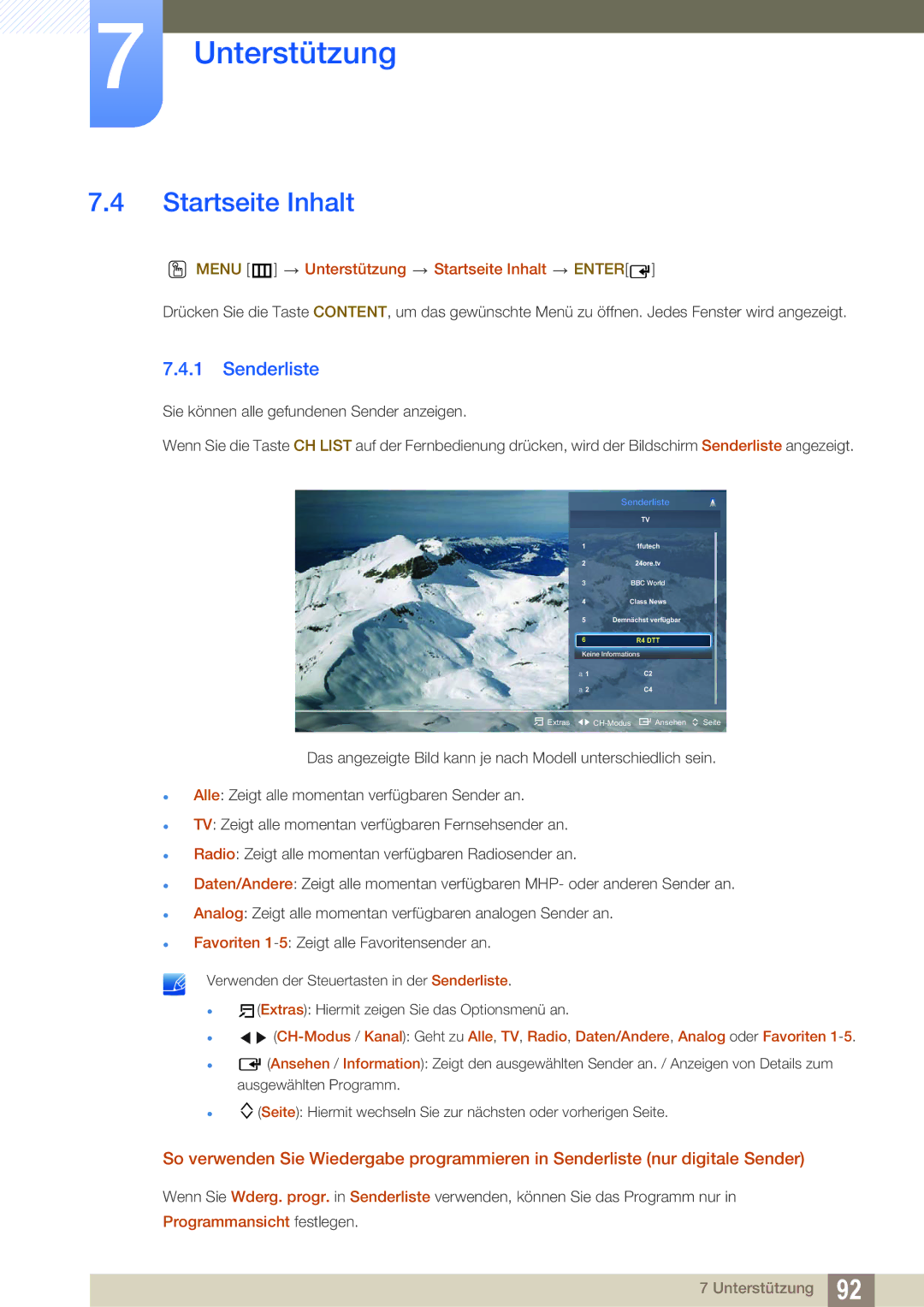 Samsung LH40HDBPLGD/EN manual Senderliste, Menu m Unterstützung Startseite Inhalt Enter, Programmansicht festlegen 