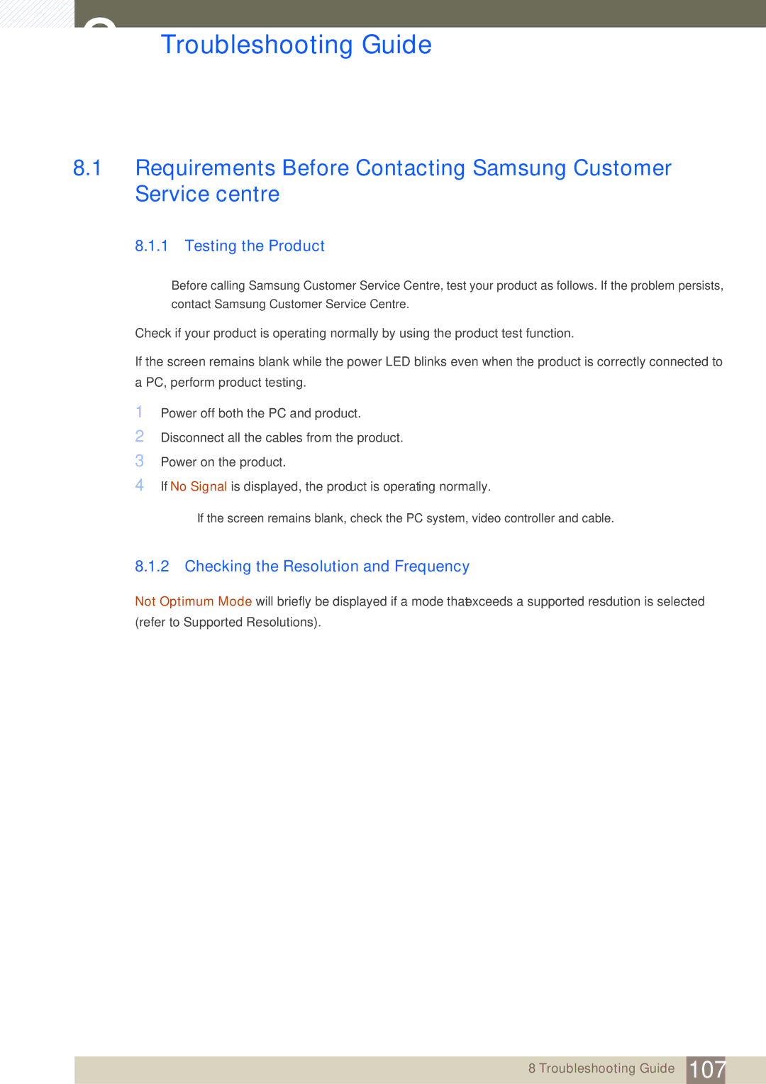 Samsung LH32HDBPLGD/EN, LH40HDBPLGD/EN Troubleshooting Guide, Testing the Product, Checking the Resolution and Frequency 