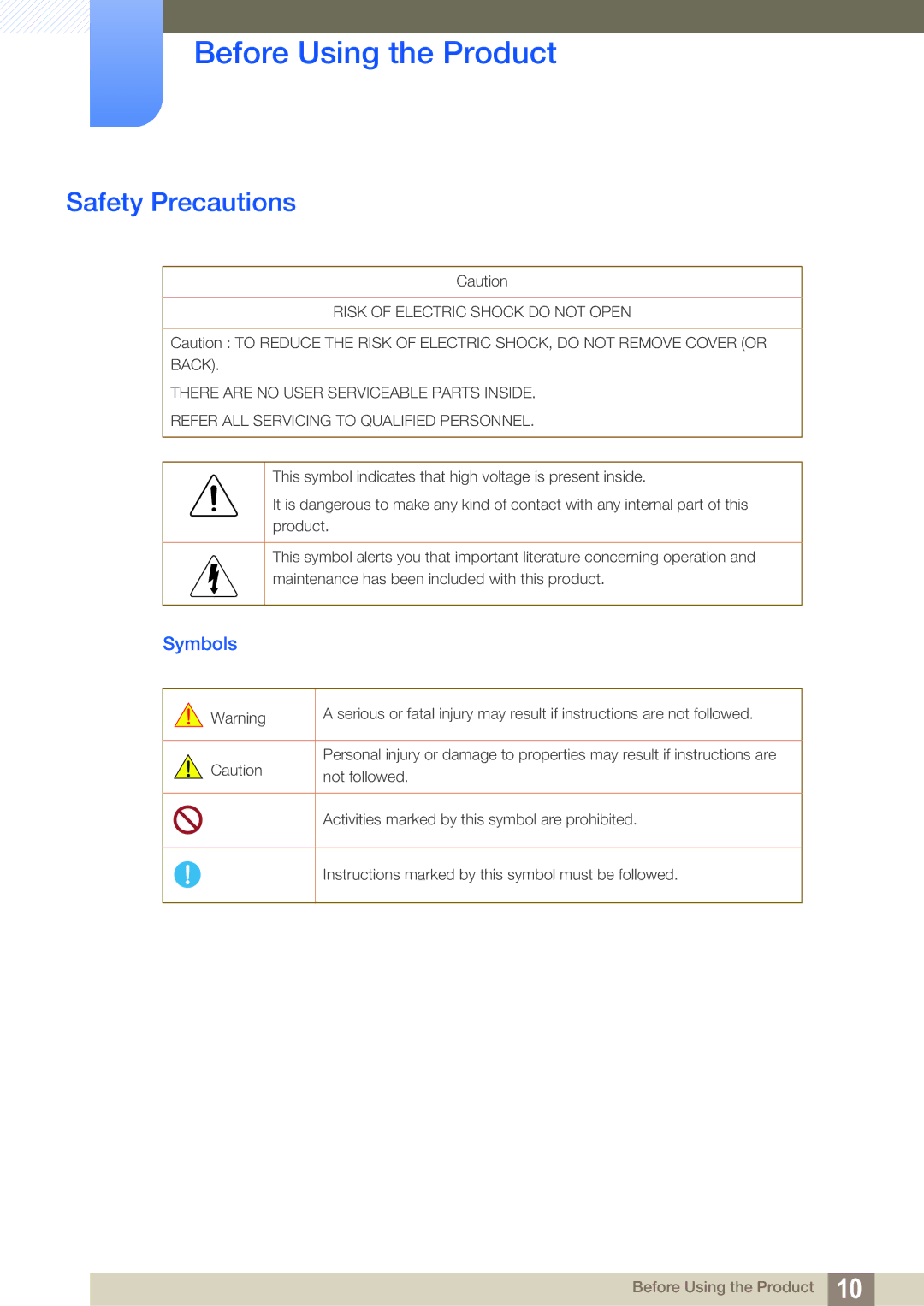 Samsung LH40HDBPLGD/EN, LH32HDBPLGD/EN manual Safety Precautions, Symbols 