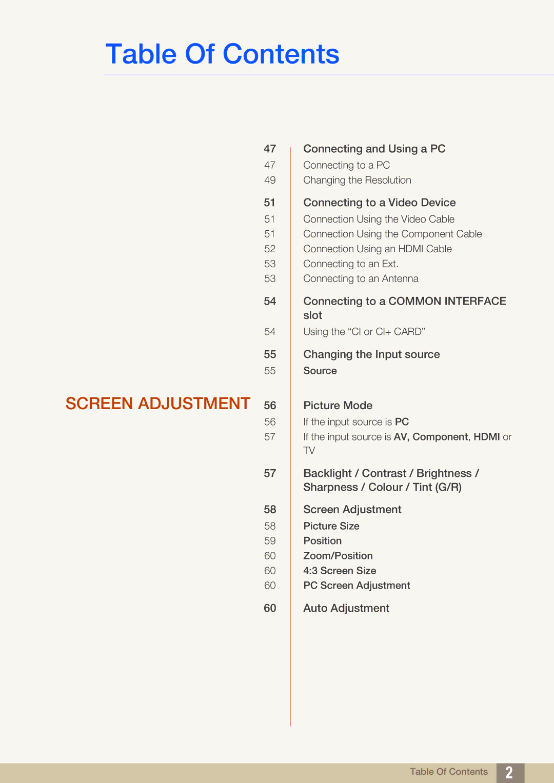 Samsung LH40HDBPLGD/EN, LH32HDBPLGD/EN manual Screen Adjustment 