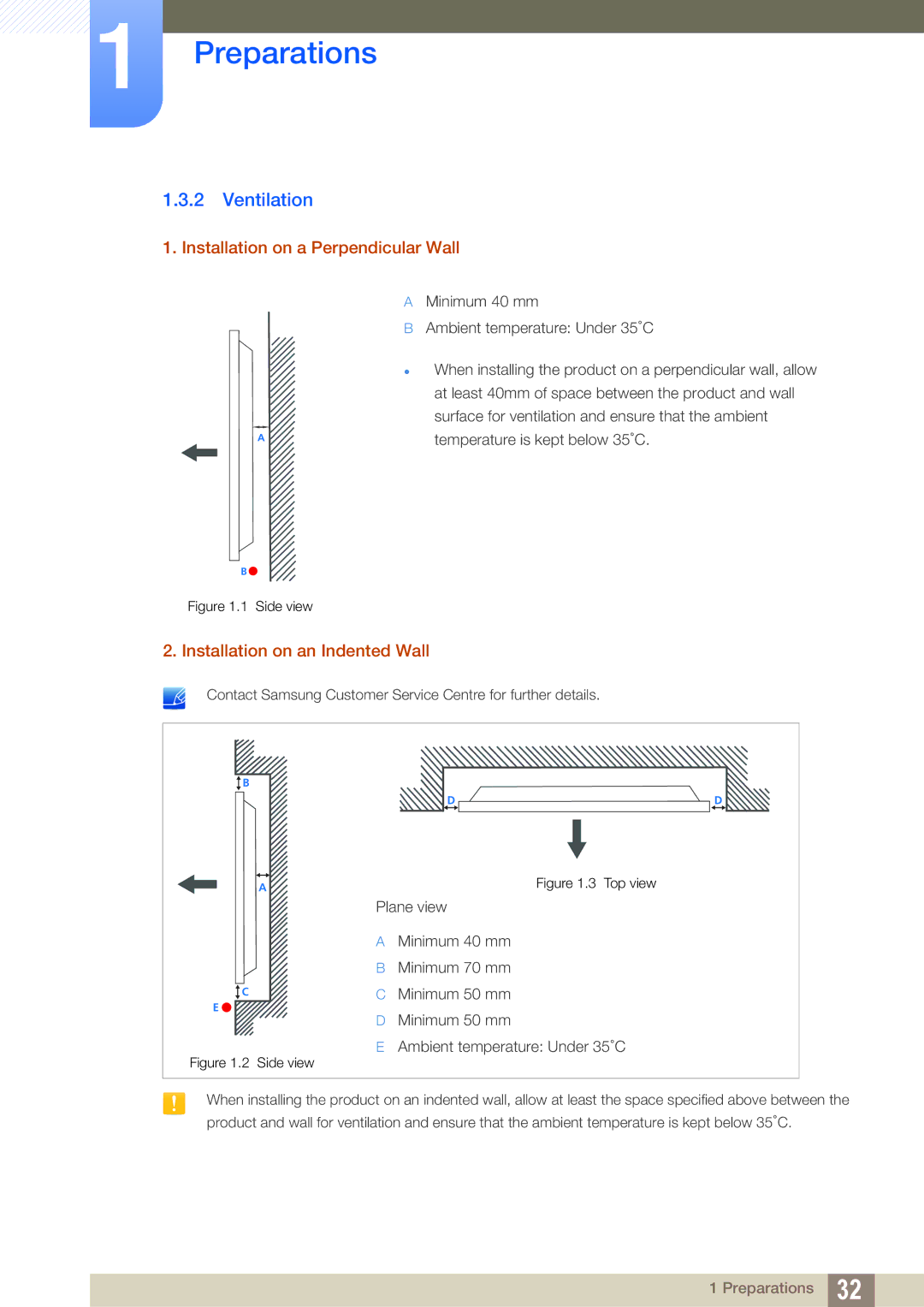 Samsung LH40HDBPLGD/EN, LH32HDBPLGD/EN Ventilation, Installation on a Perpendicular Wall, Installation on an Indented Wall 