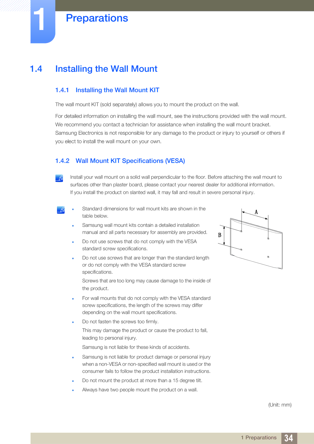 Samsung LH40HDBPLGD/EN, LH32HDBPLGD/EN manual Installing the Wall Mount KIT, Wall Mount KIT Specifications Vesa 