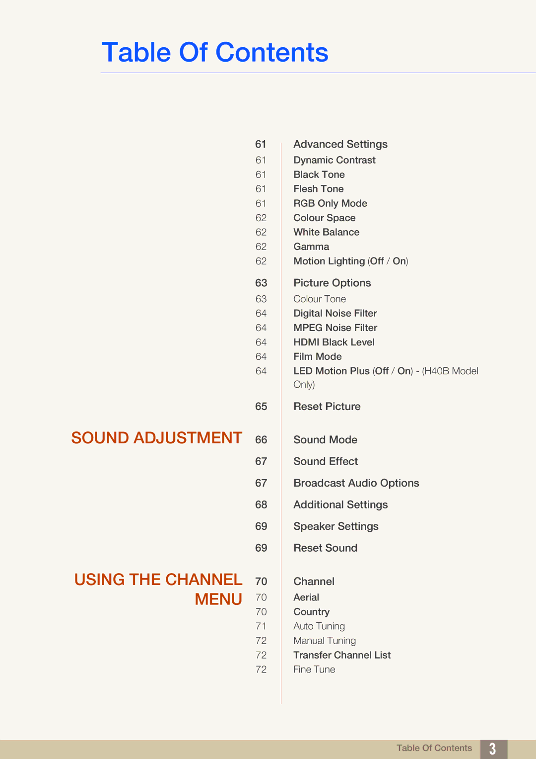 Samsung LH32HDBPLGD/EN, LH40HDBPLGD/EN manual Sound Adjustment Using the Channel 70 Menu 