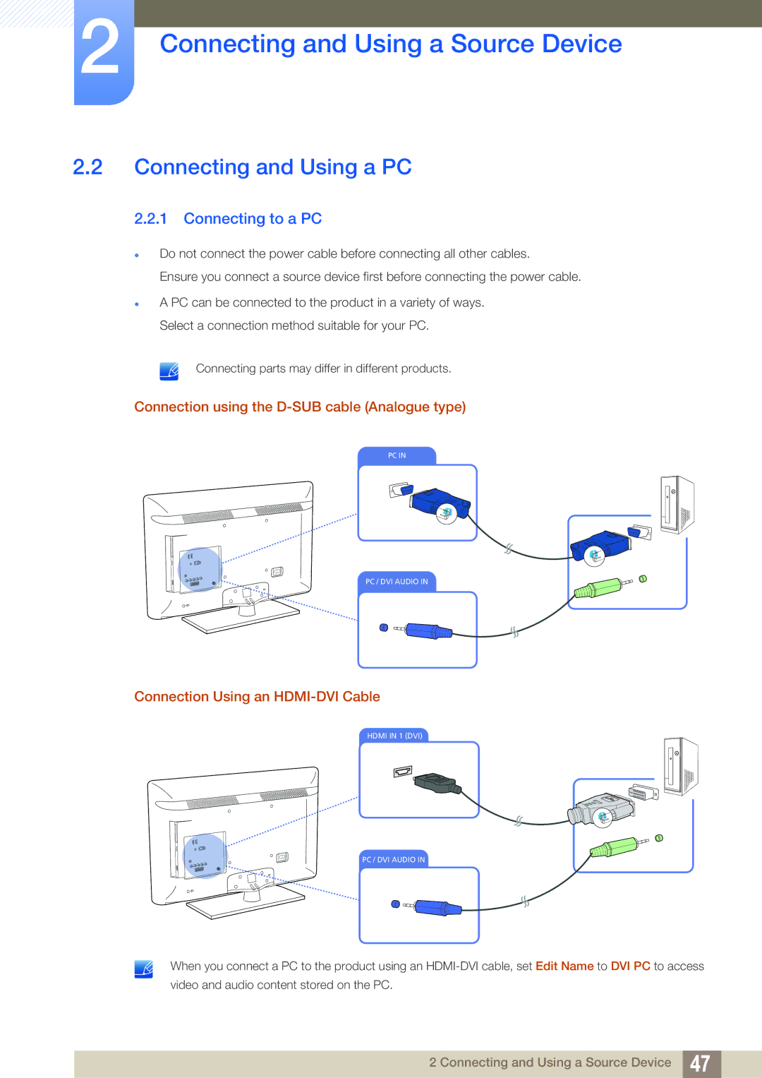 Samsung LH32HDBPLGD/EN manual Connecting and Using a PC, Connecting to a PC, Connection using the D-SUB cable Analogue type 