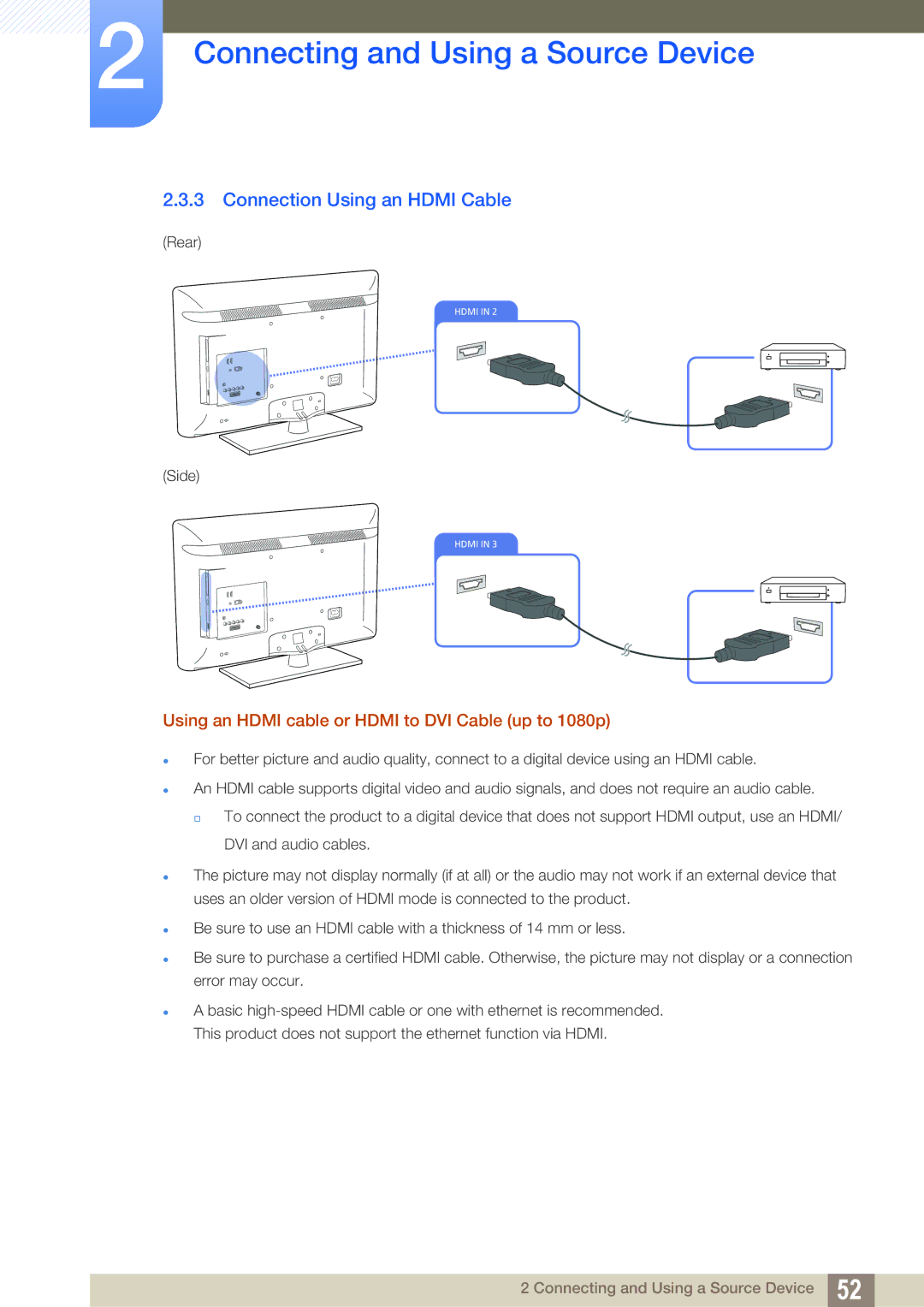 Samsung LH40HDBPLGD/EN manual Connection Using an Hdmi Cable, Using an Hdmi cable or Hdmi to DVI Cable up to 1080p 