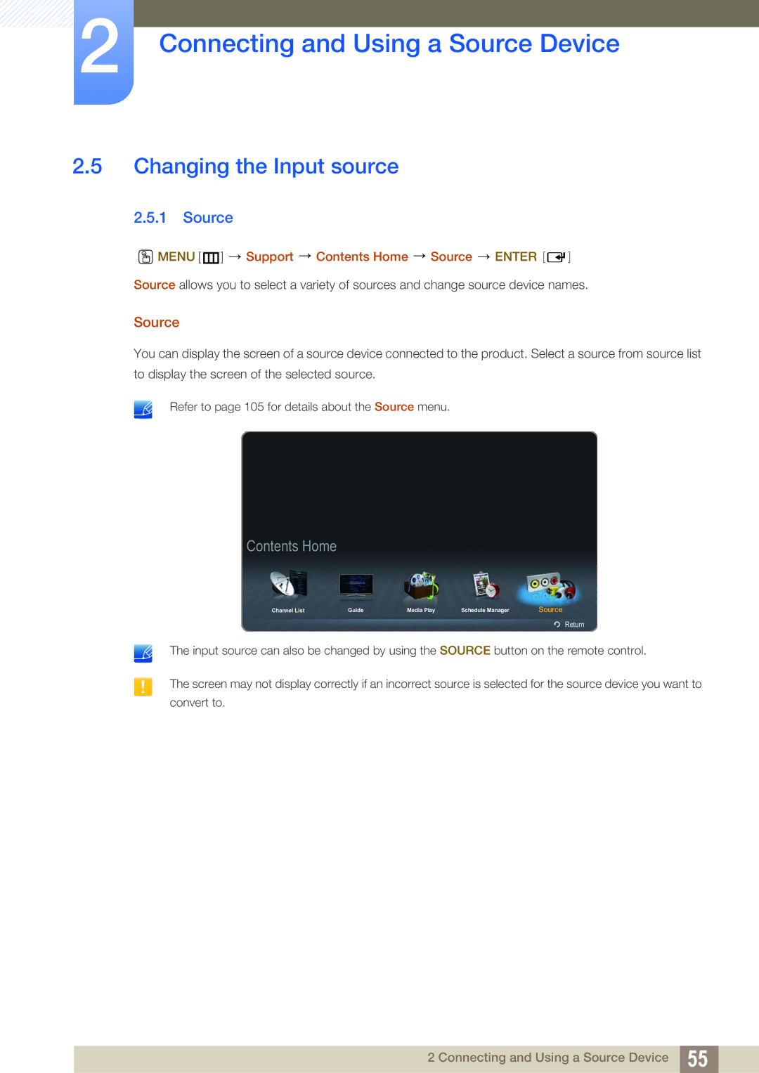 Samsung LH32HDBPLGD/EN, LH40HDBPLGD/EN manual Changing the Input source, Contents Home 
